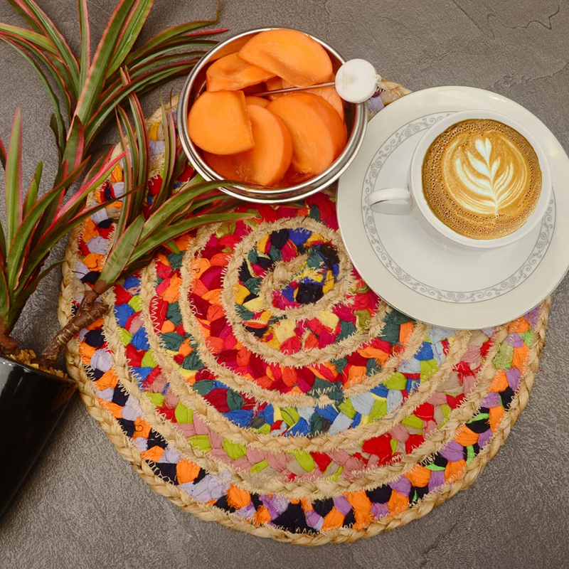 Ar Antique Rugs Round Handmade Braided Jute & Cottom Placemats 30 Cm - Dining Table, Bed Side/Centre Table/Shelves
